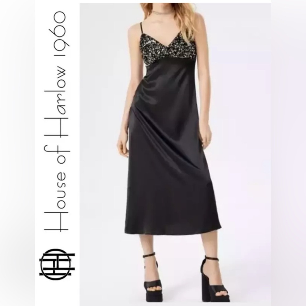 House of Harlow 1960 Black satin effect sequin midi Slip Dress Sz M NWT